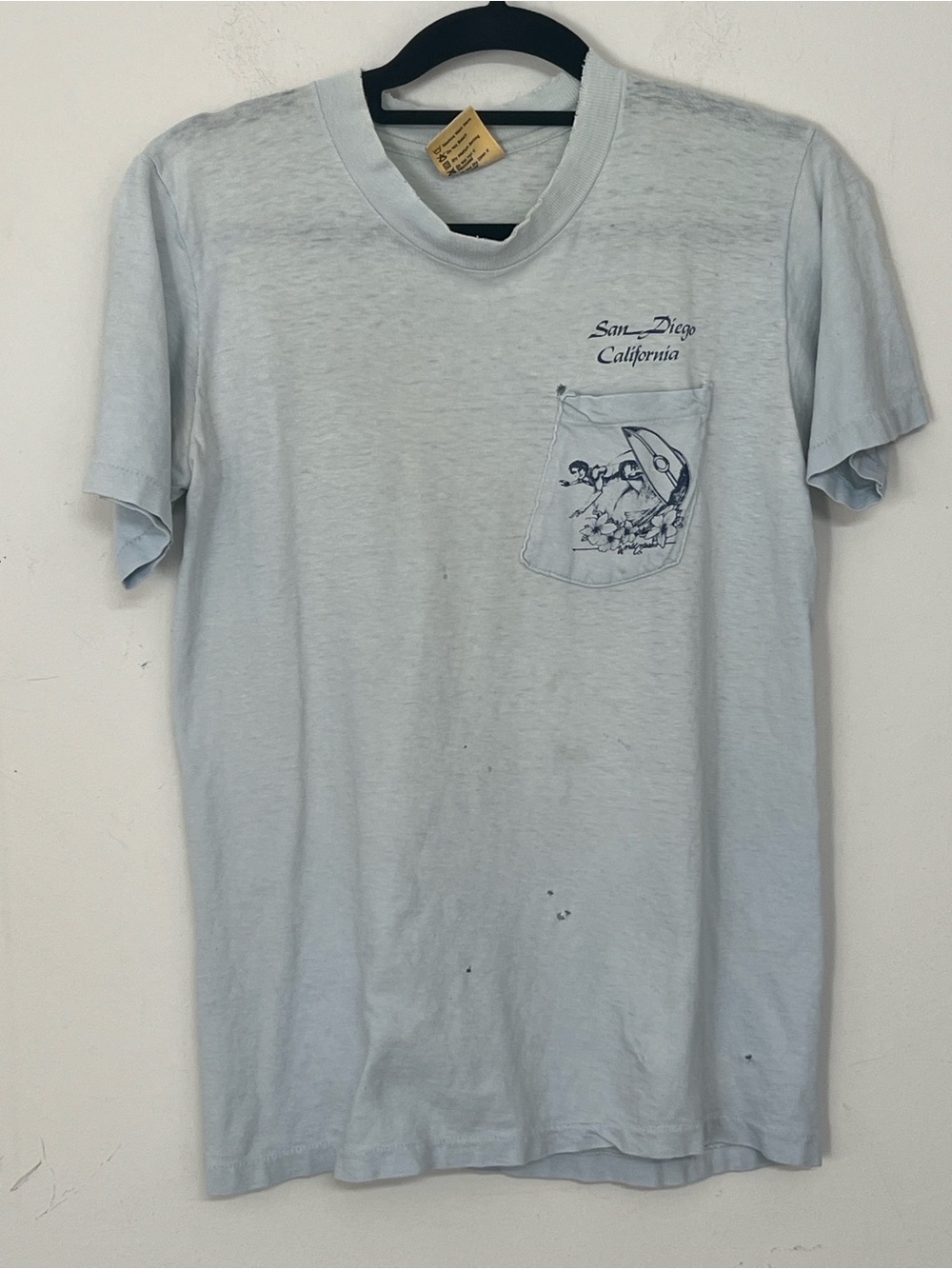 🌞 Golden Hi-Cru Thrashed Vintage San Diego California Lt Blue Pocket Tee Men M